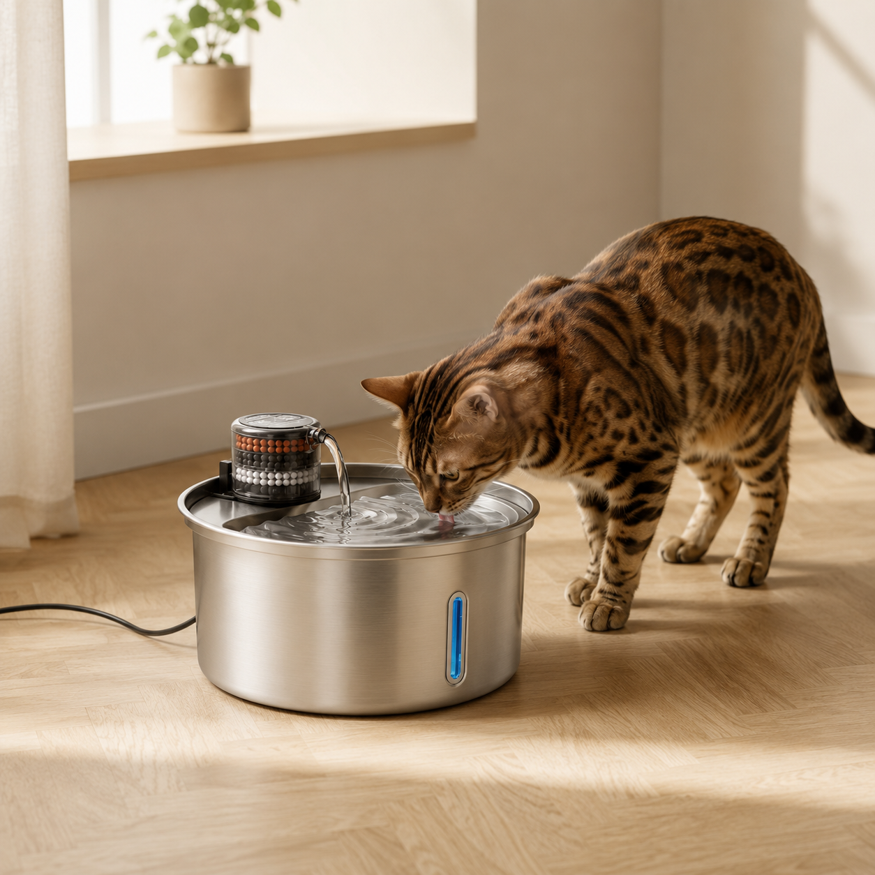 Cat drinking from the Tailtova Cat Fountain